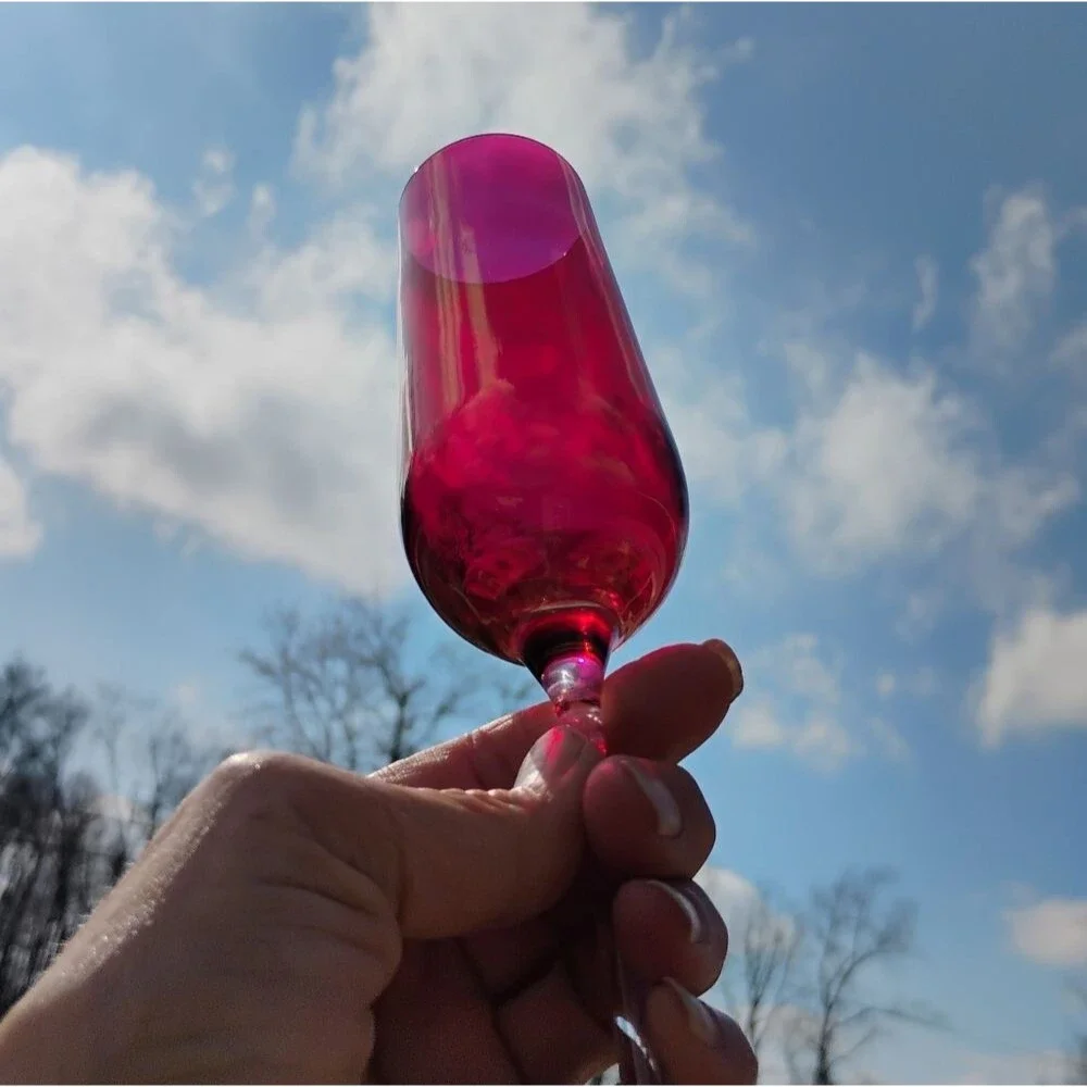 Vintage Red Cranberry Fluted Wine Glasses Set Of 2 Champagne Clear Stem
